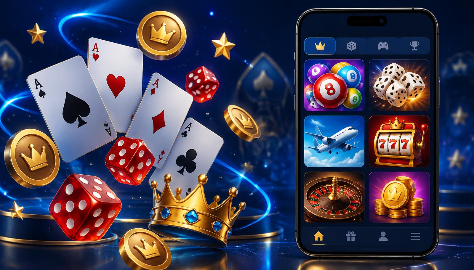 Khelv Game – blue and gold gaming banner with cards, dice and coins