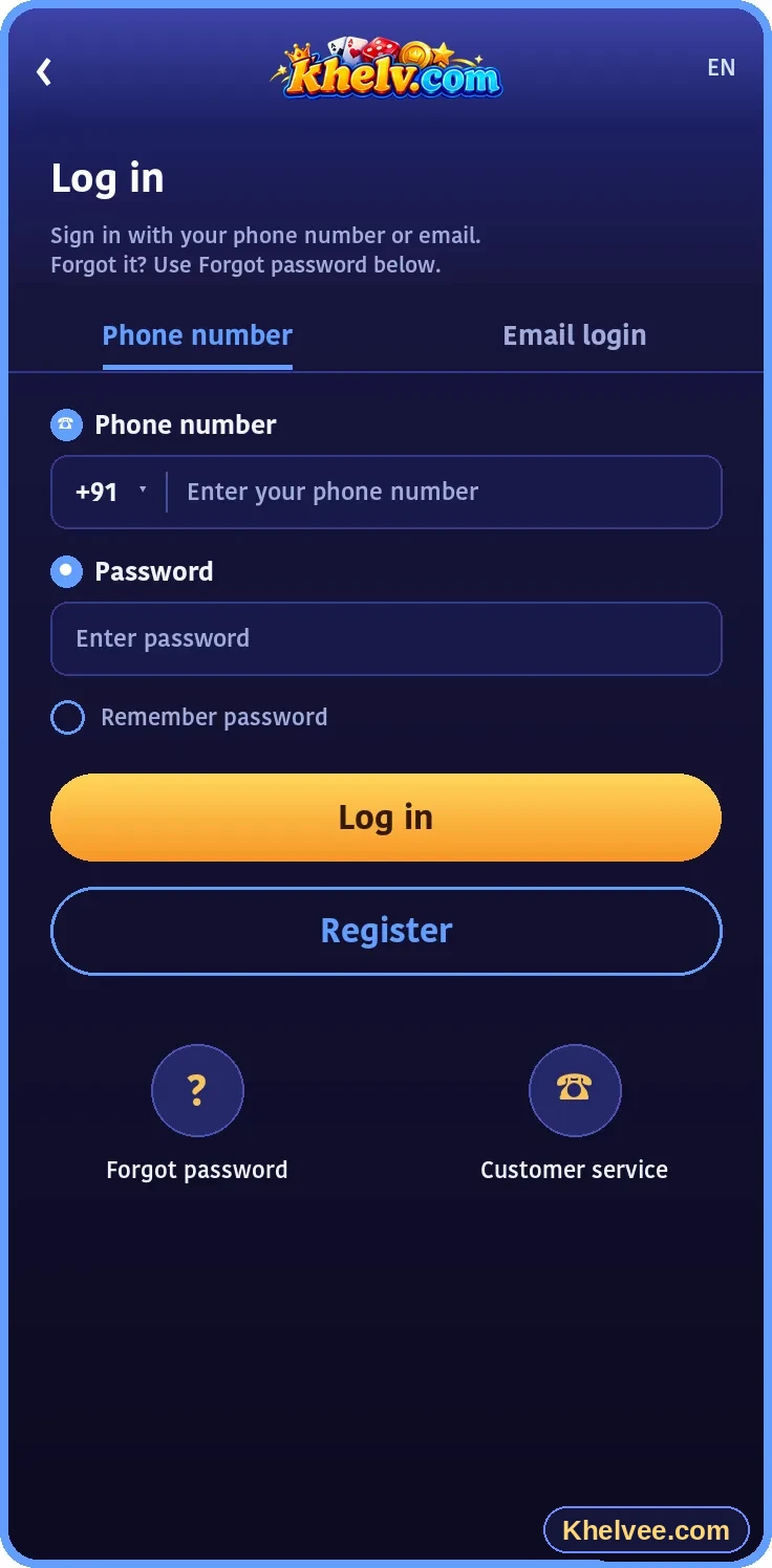 Khelv login screen with phone number and password fields
