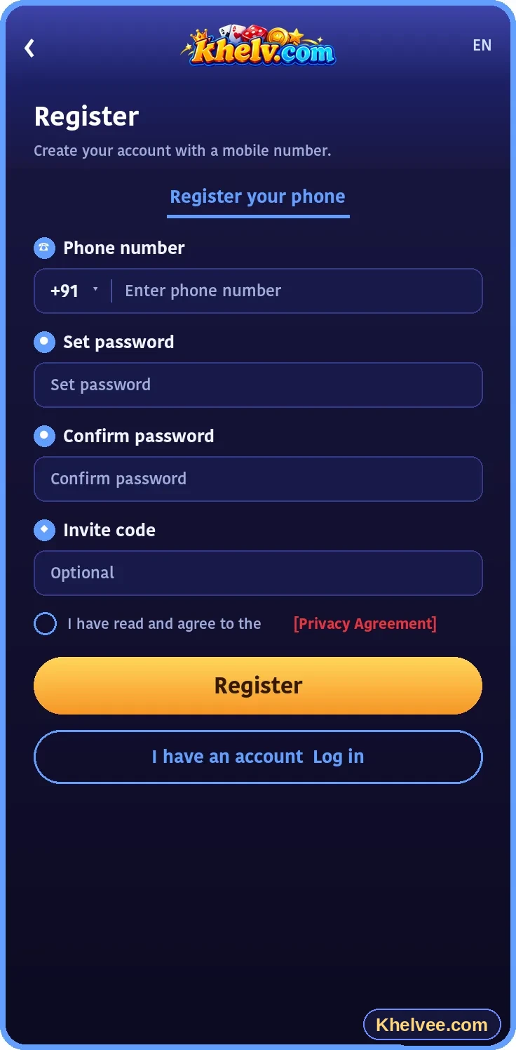 Khelv register screen with phone number, password and invite code fields