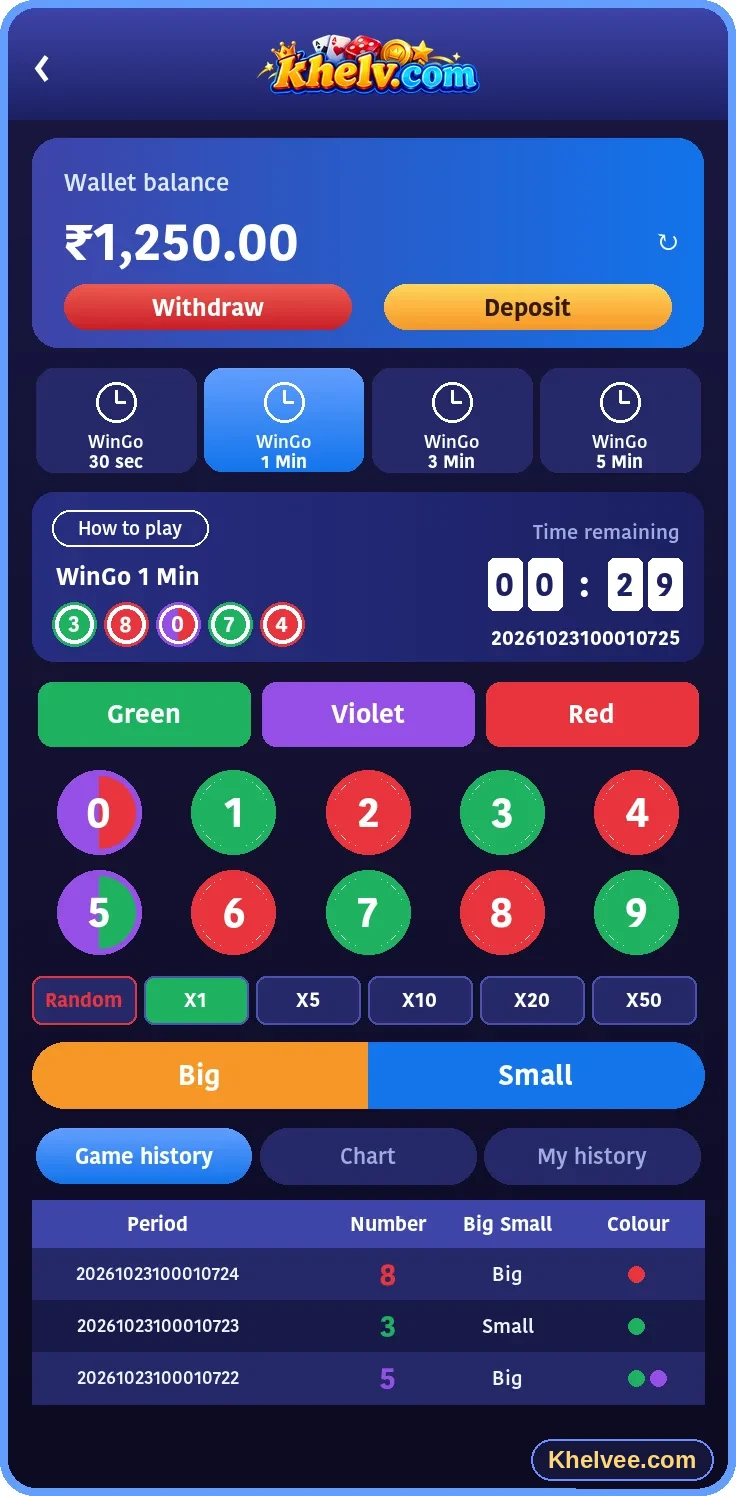 Khelv WinGo game screen with colour and number selection